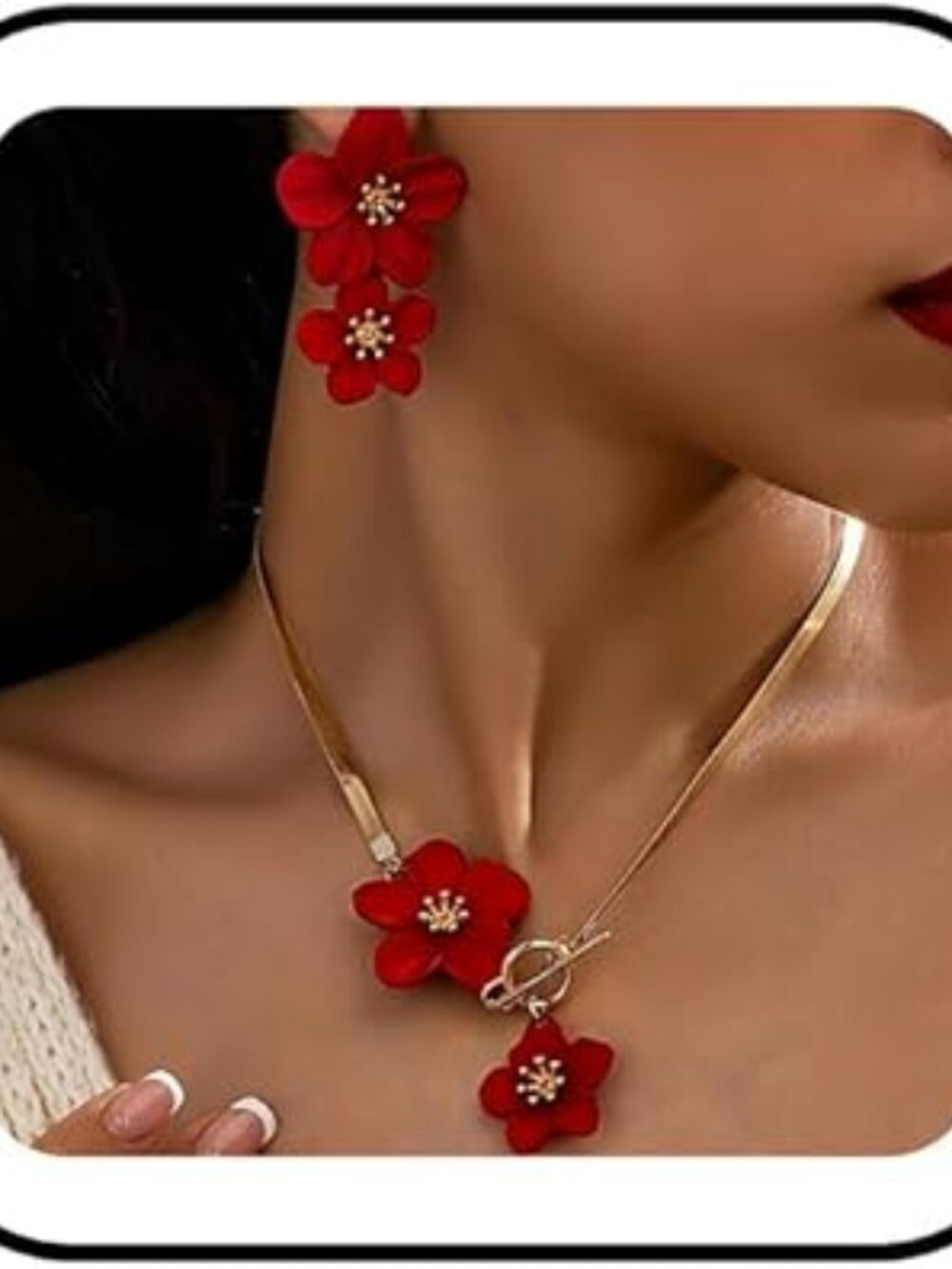 Gold & Red Flower Earring Set Gold Chain Necklace‎ Bohemian Large Double Flowers